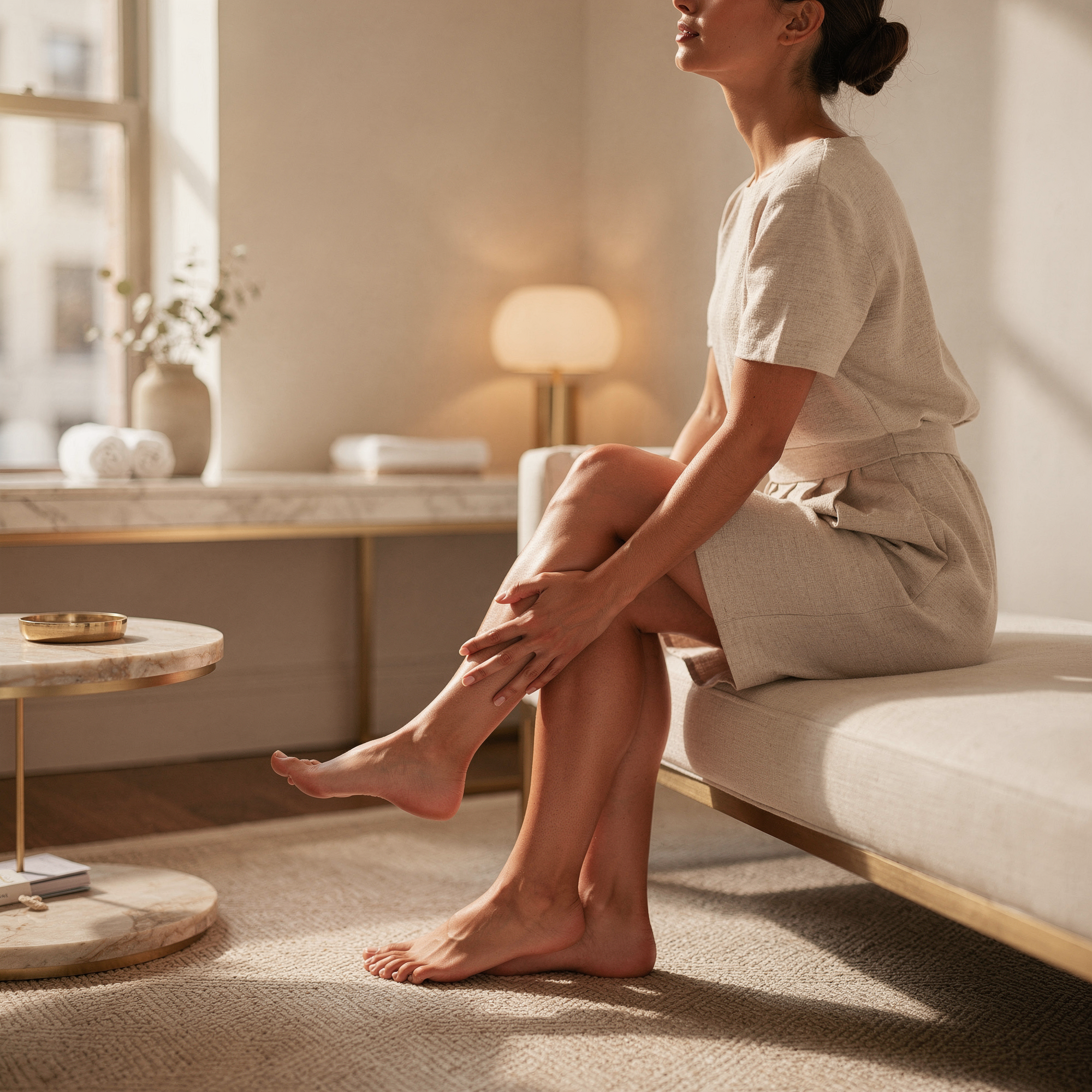 Woman sitting on a bench holding her heel, illustrating heel pain